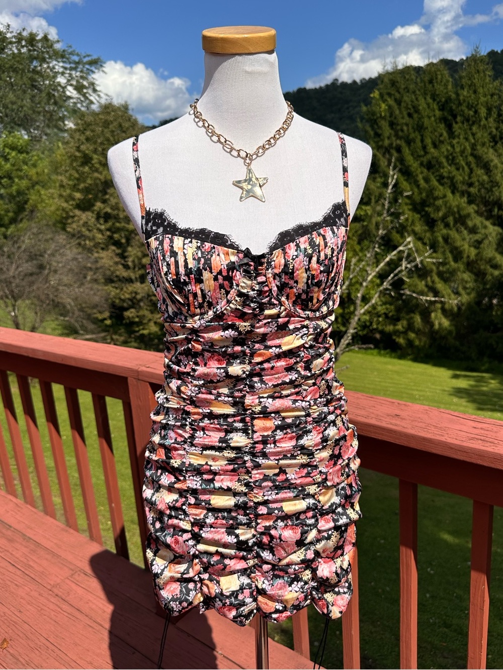 For Love & Lemons Gardenia Pink Multi Floral Ruched Mini Dress with Black Lace